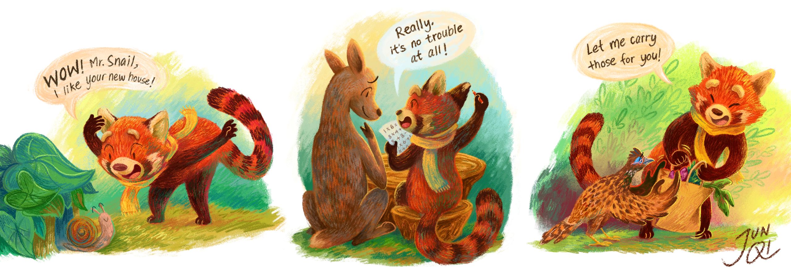 Digital spot illustrations of Red interacting with Mr. Snail, Deer and Bird.