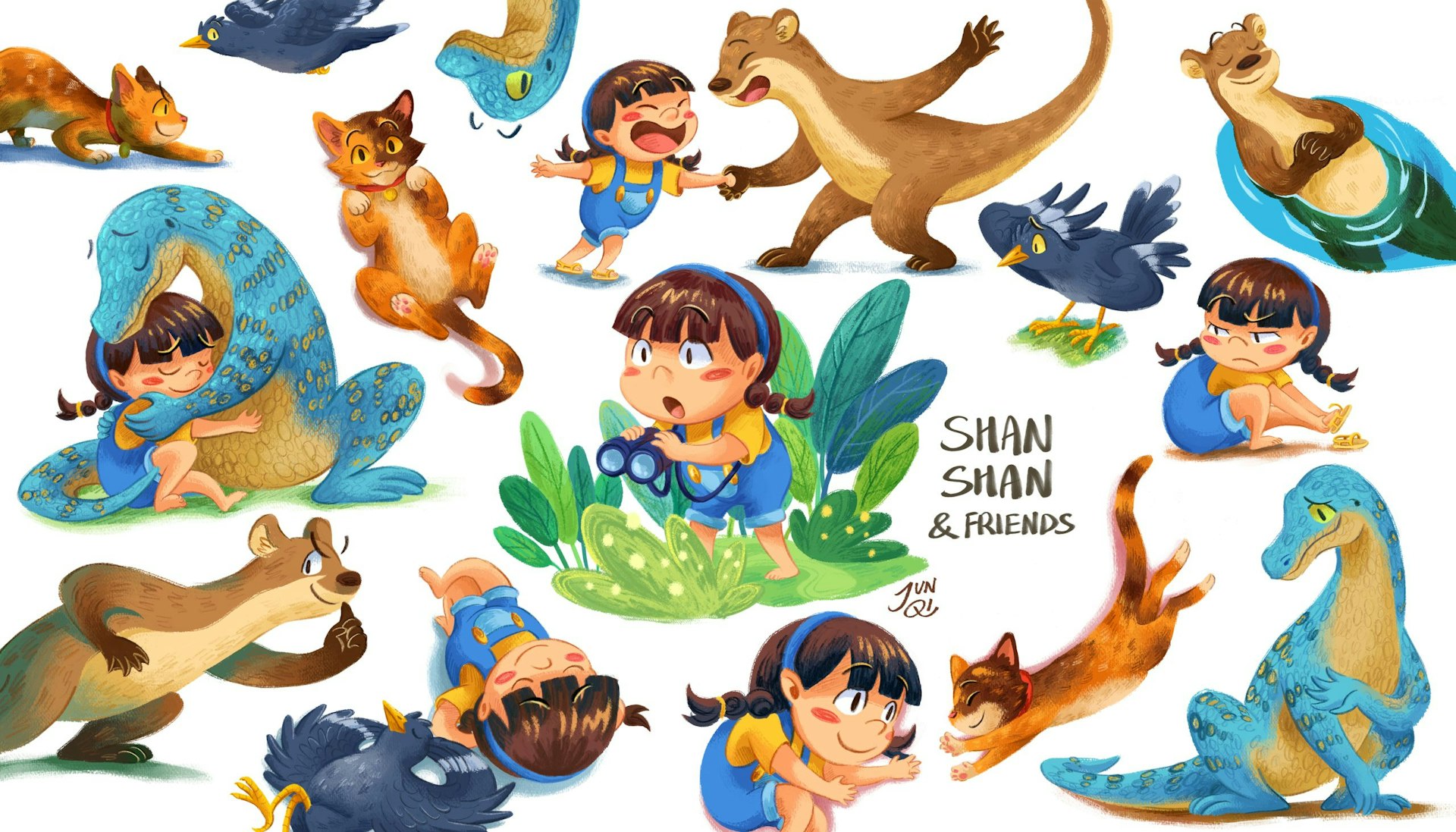 Illustration showing Shan Shan out sketching under a tree by the river, with her animal friends.