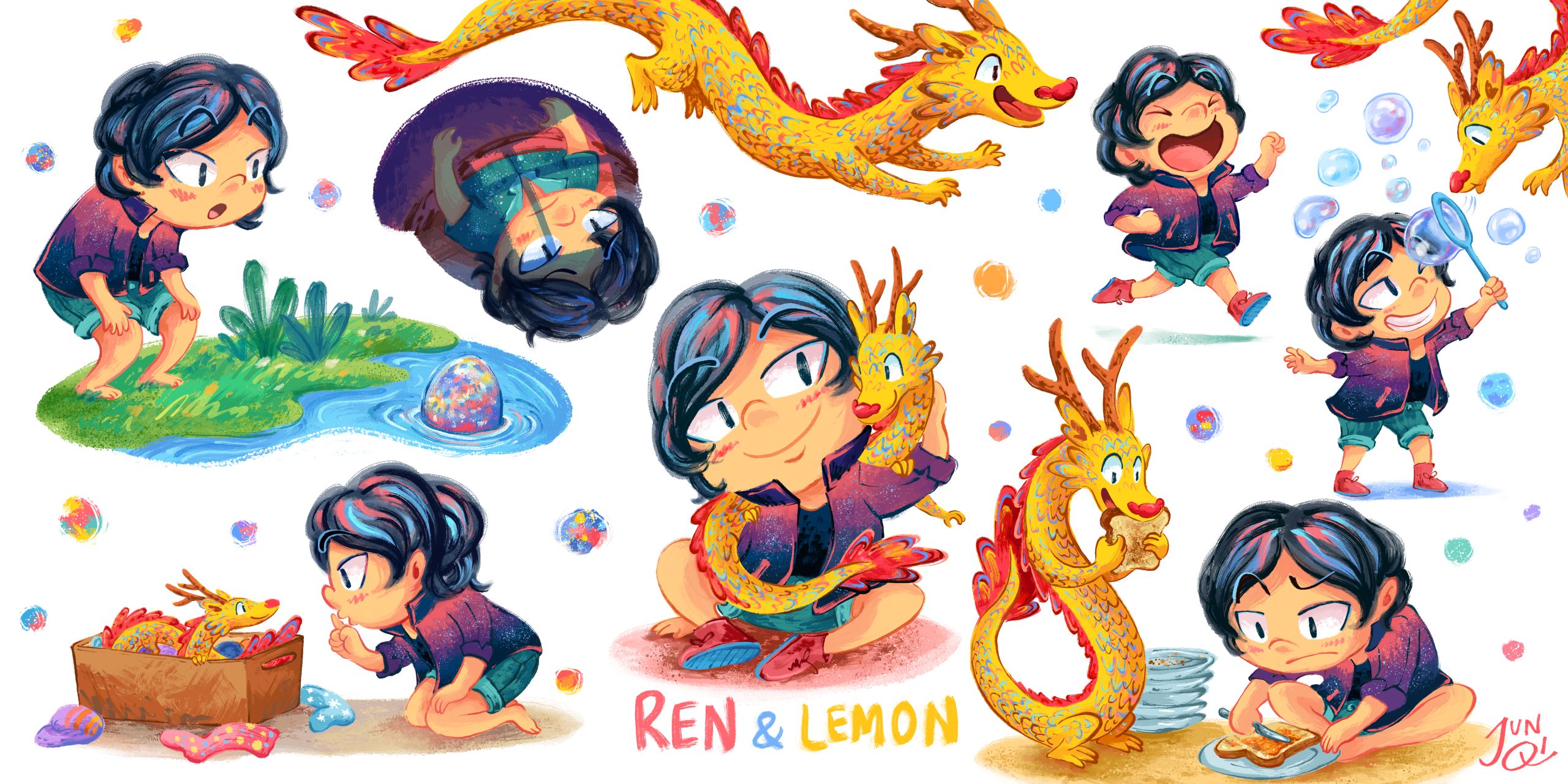 Character sheet of Ren, a non-binary child, and Lemon, a yellow dragon.
