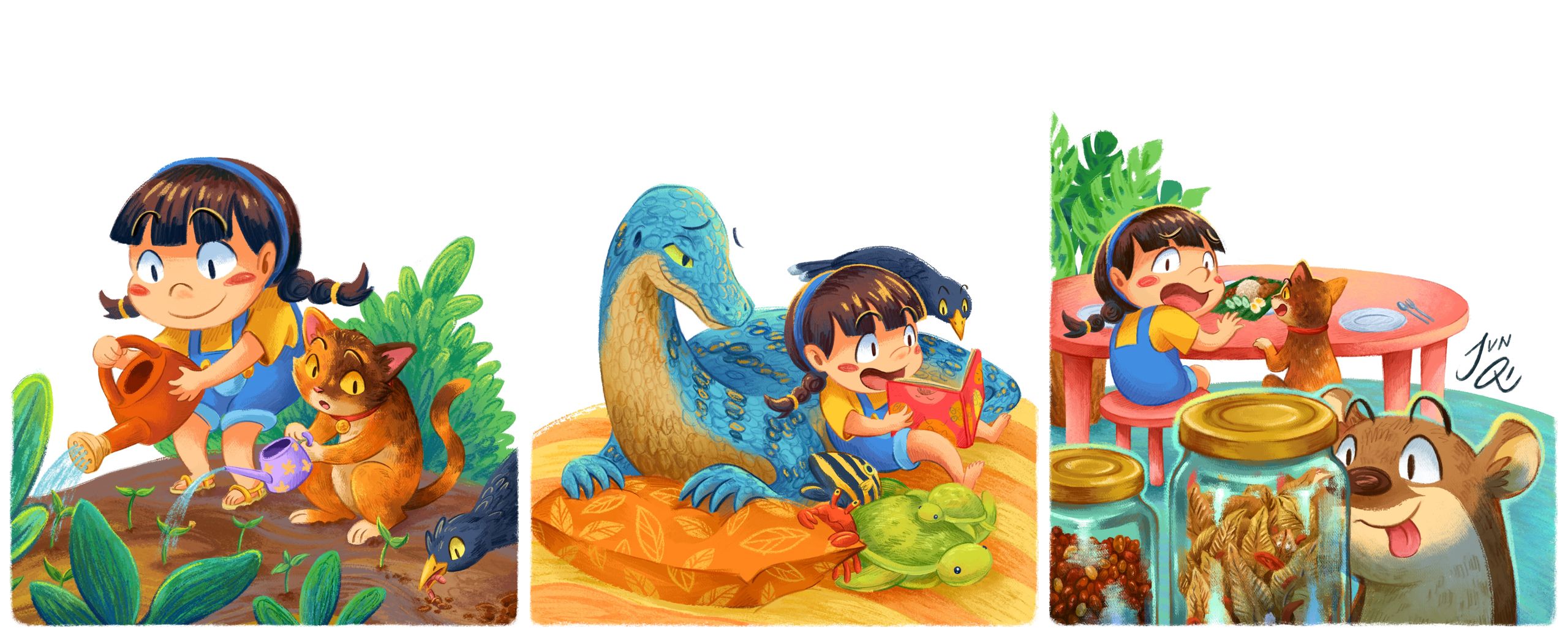 Triptych of illustrations showing Shan Shan hanging out with her animal friends