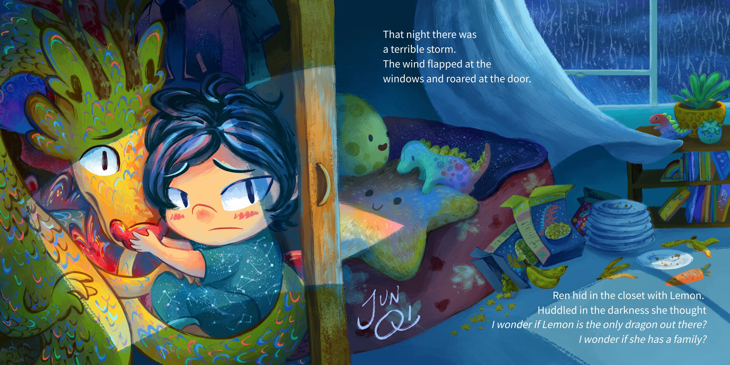 2-page spread illustration of a scene where Ren and Lemon are huddling together one stormy night