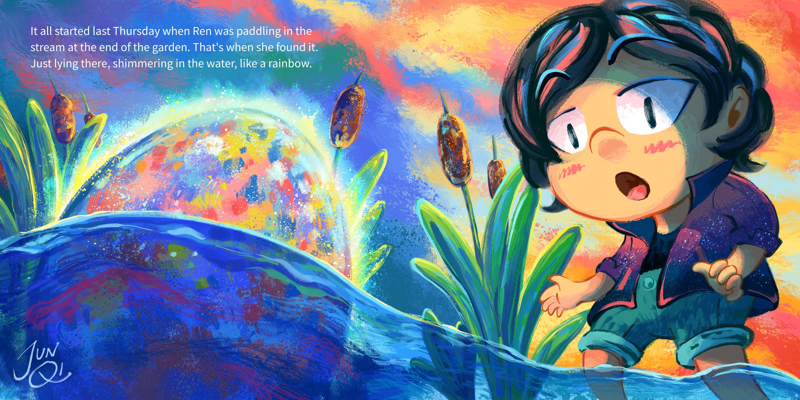 2-page spread illustration of a scene where Ren discovers Lemon's egg in the water