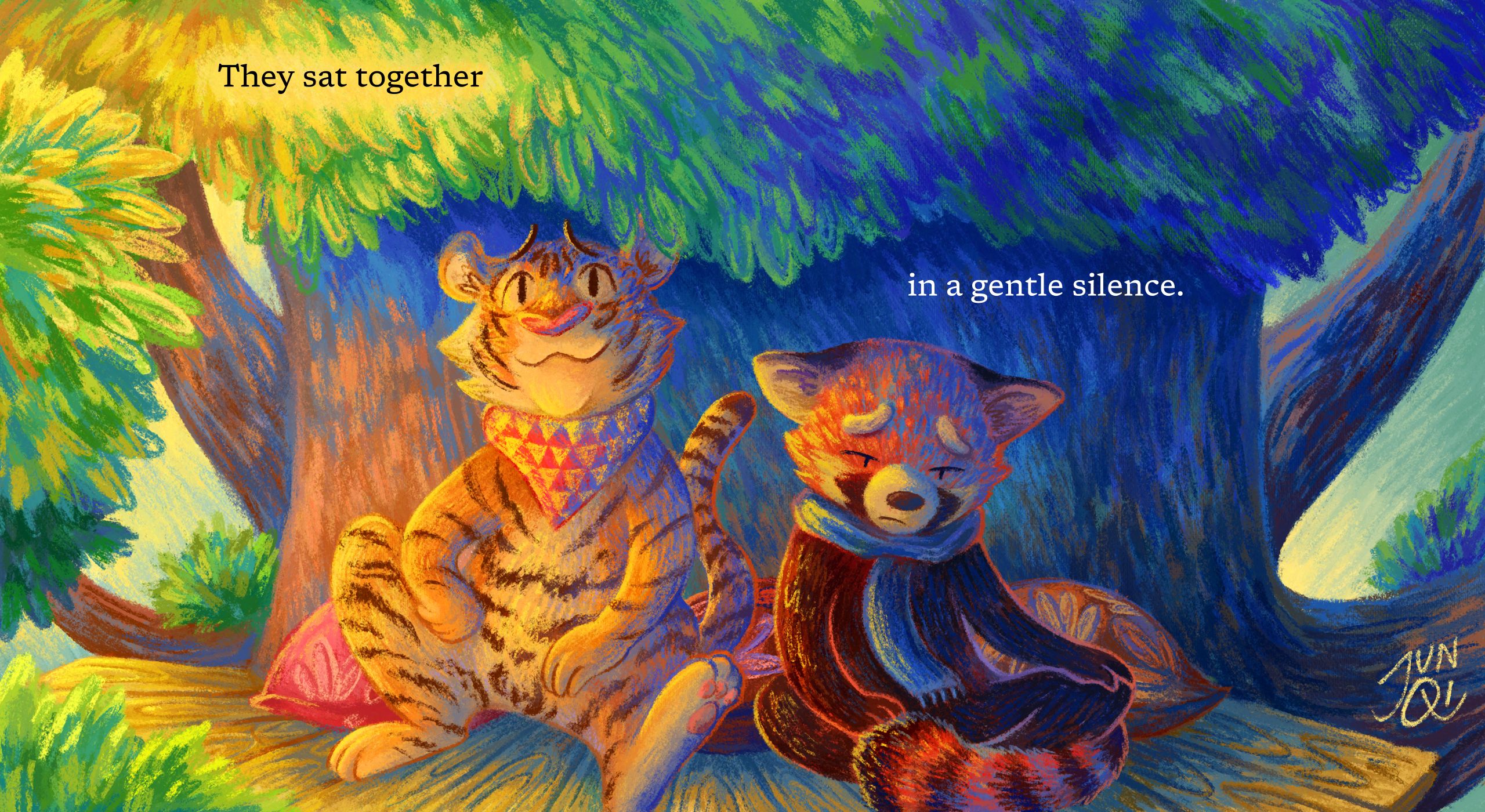 2-page spread illustration of Red and Tiger sitting together on Red's treehouse in a gentle silence