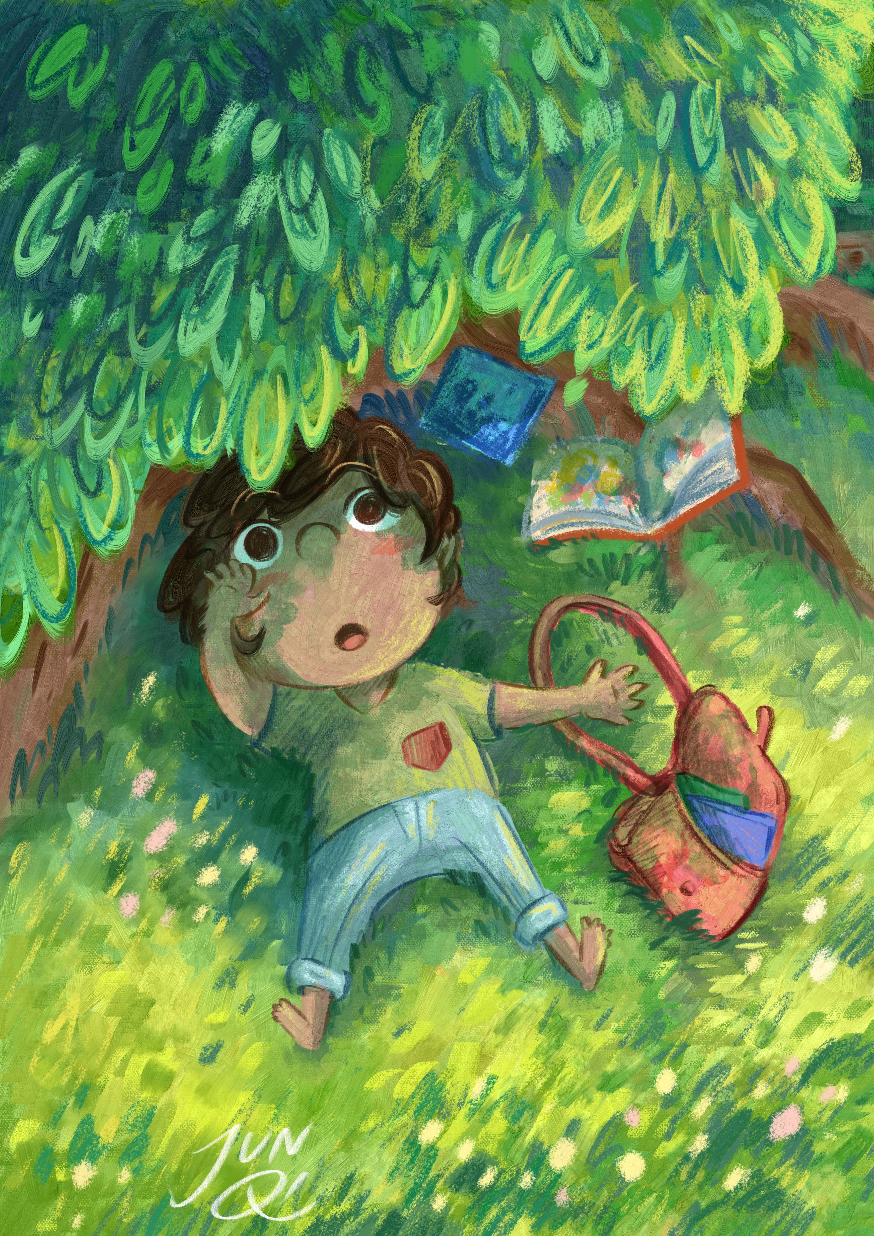 Illustration of Rahim lying in the grass under a tree.