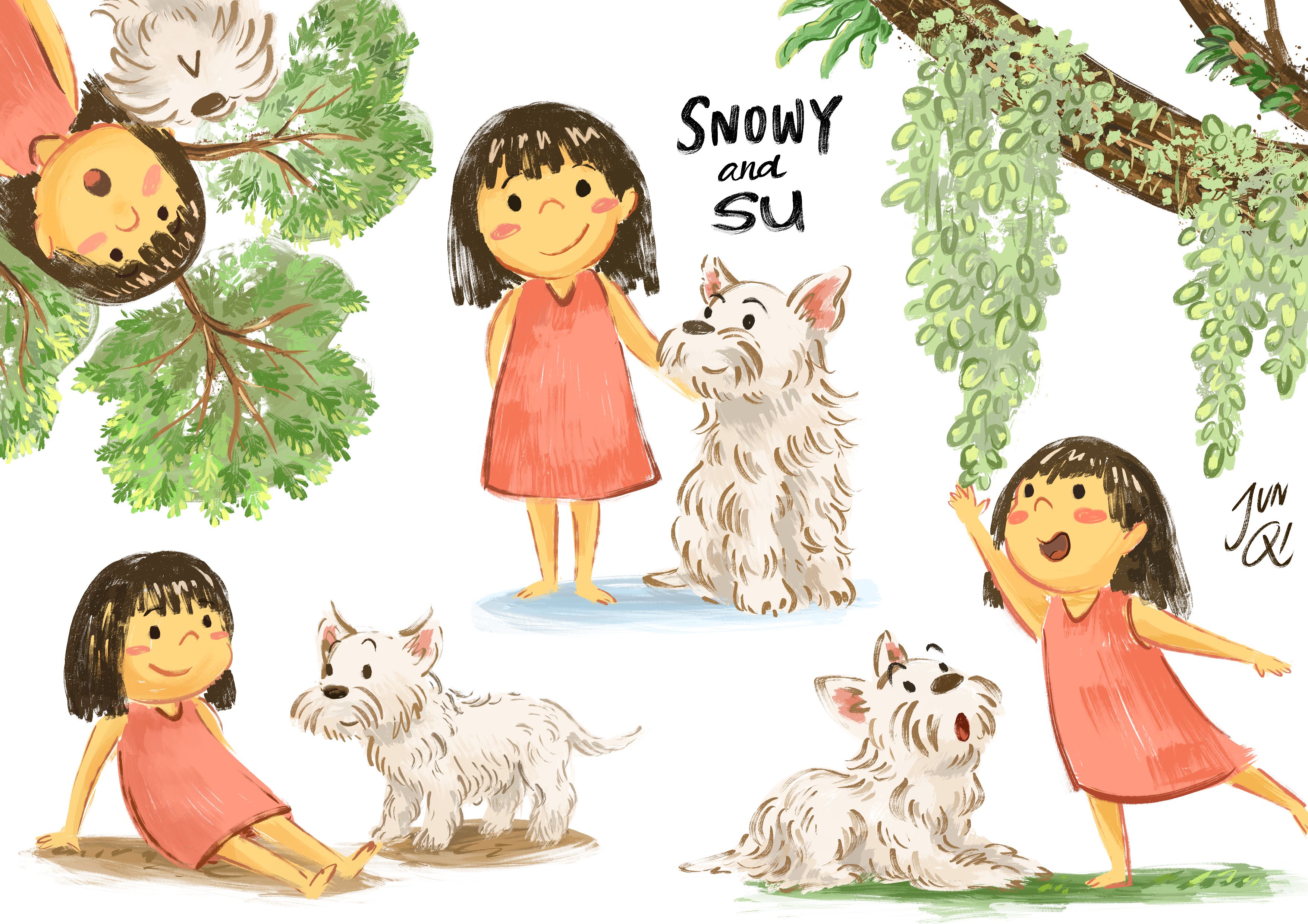 Character sheet of a young girl and white terrier.