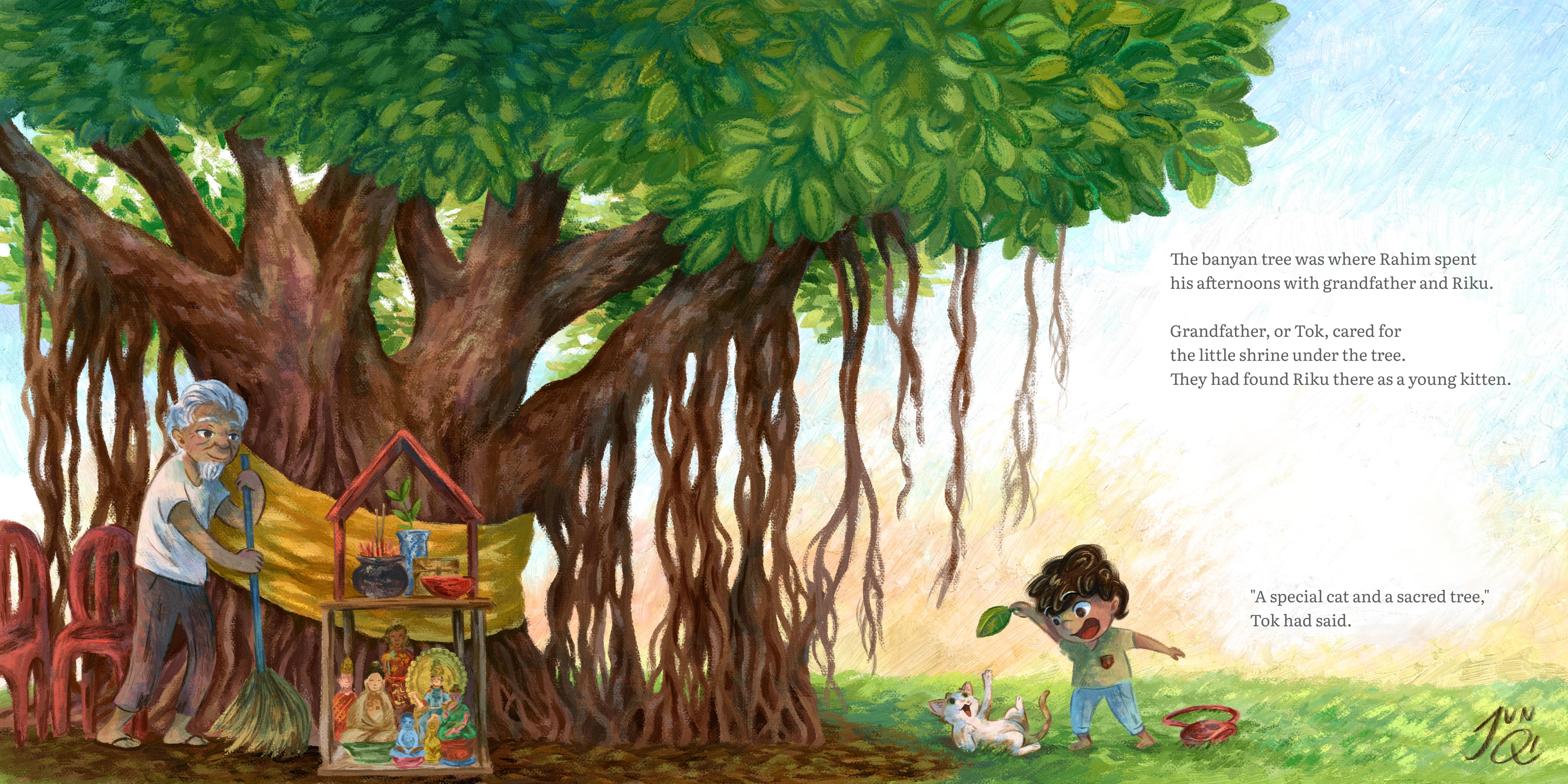 An illustration showing a scene under a banyan tree shrine.