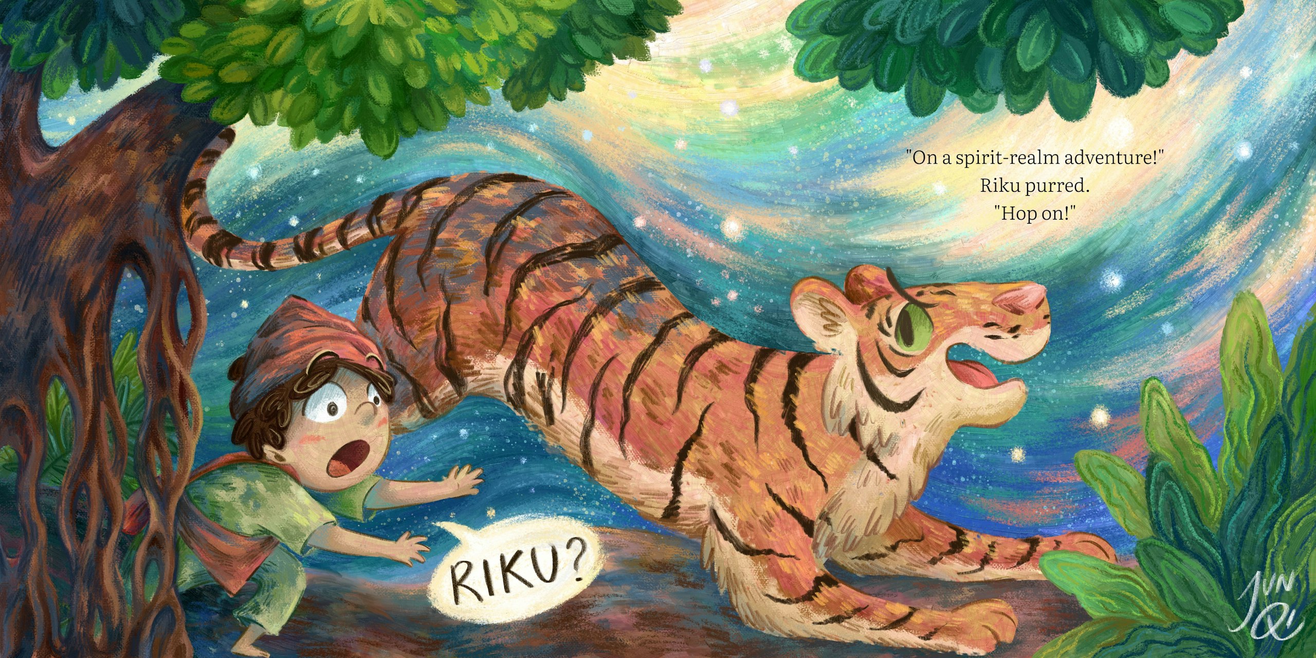 Illustration showing Rahim and Riku stumbling into the spirit world and Riku transforming into a tiger.