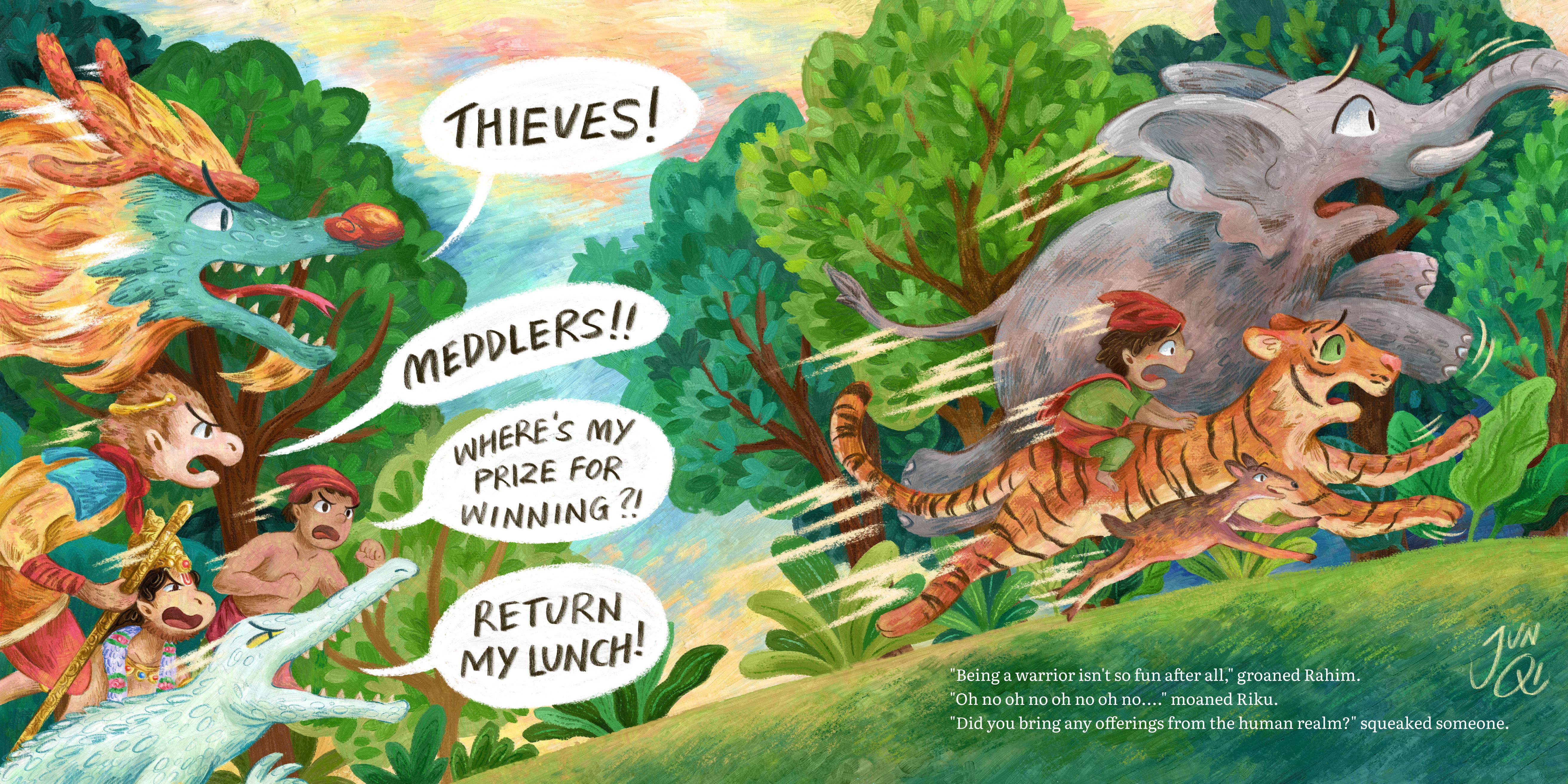 An illustration showing spirit world creatures chasing Rahim, Riku and crew.