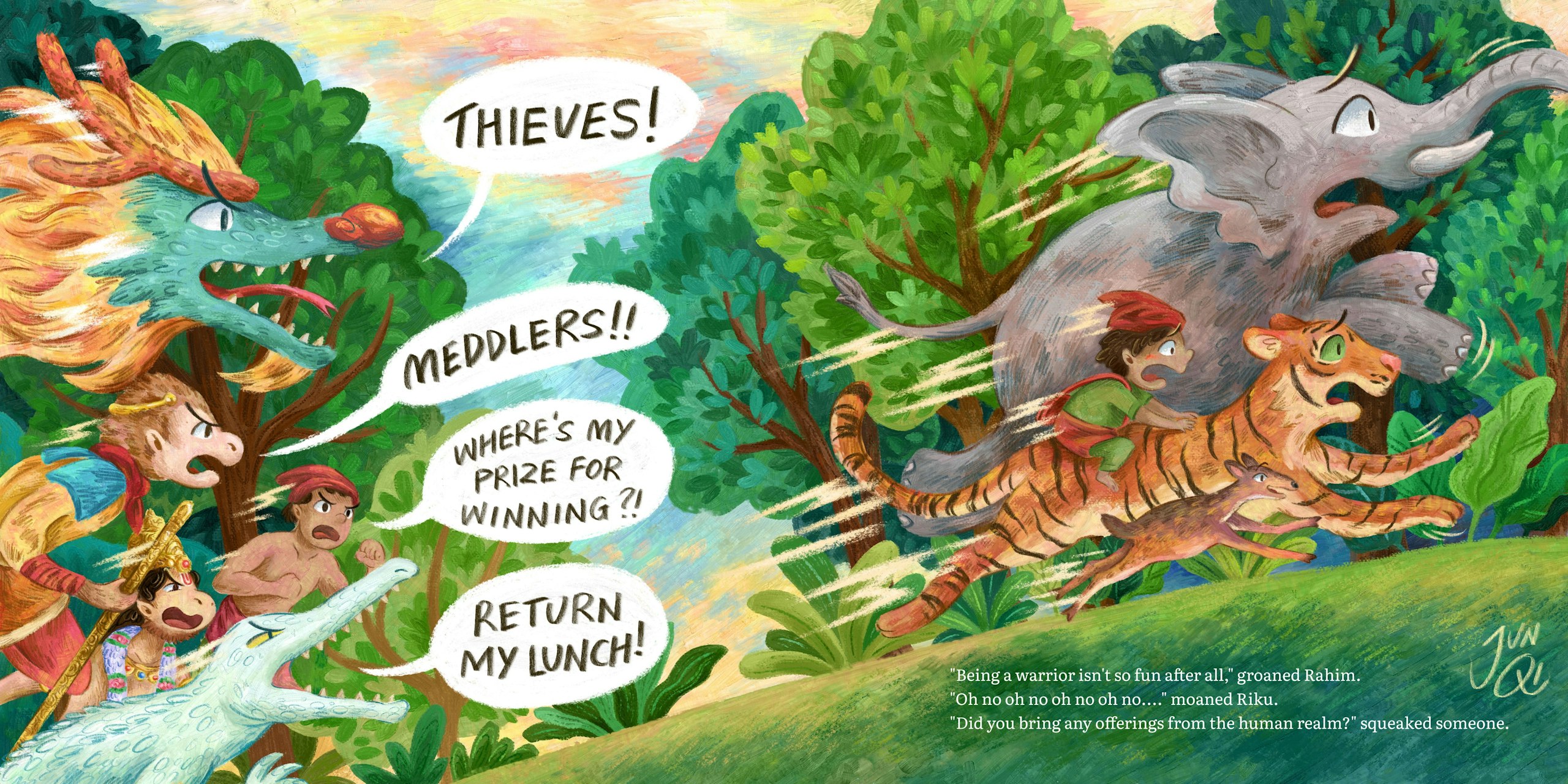 An illustration showing spirit world creatures chasing Rahim, Riku and crew.