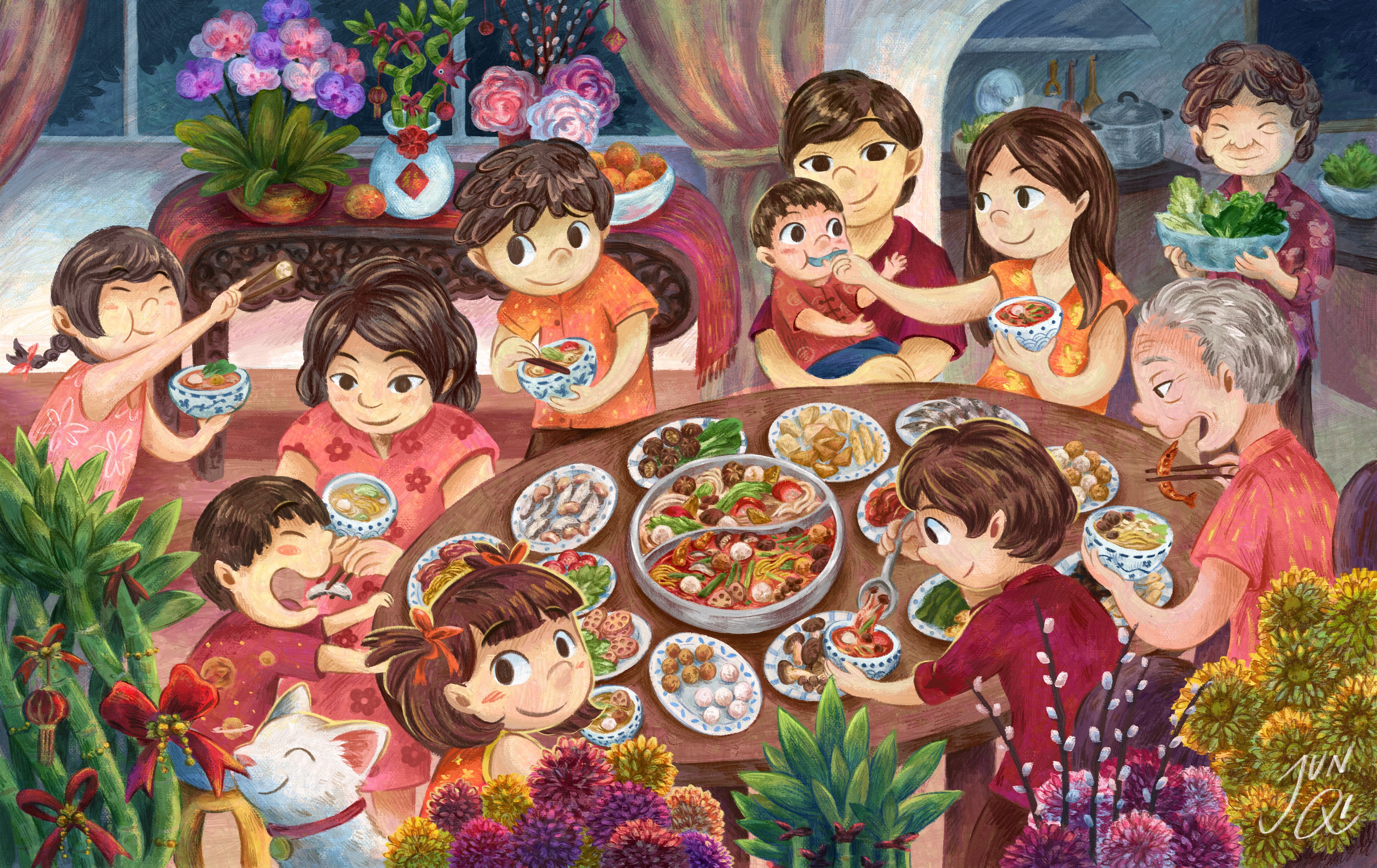 Illustration of a Chinese family eating hotpot for a Chinese New Year reunion dinner