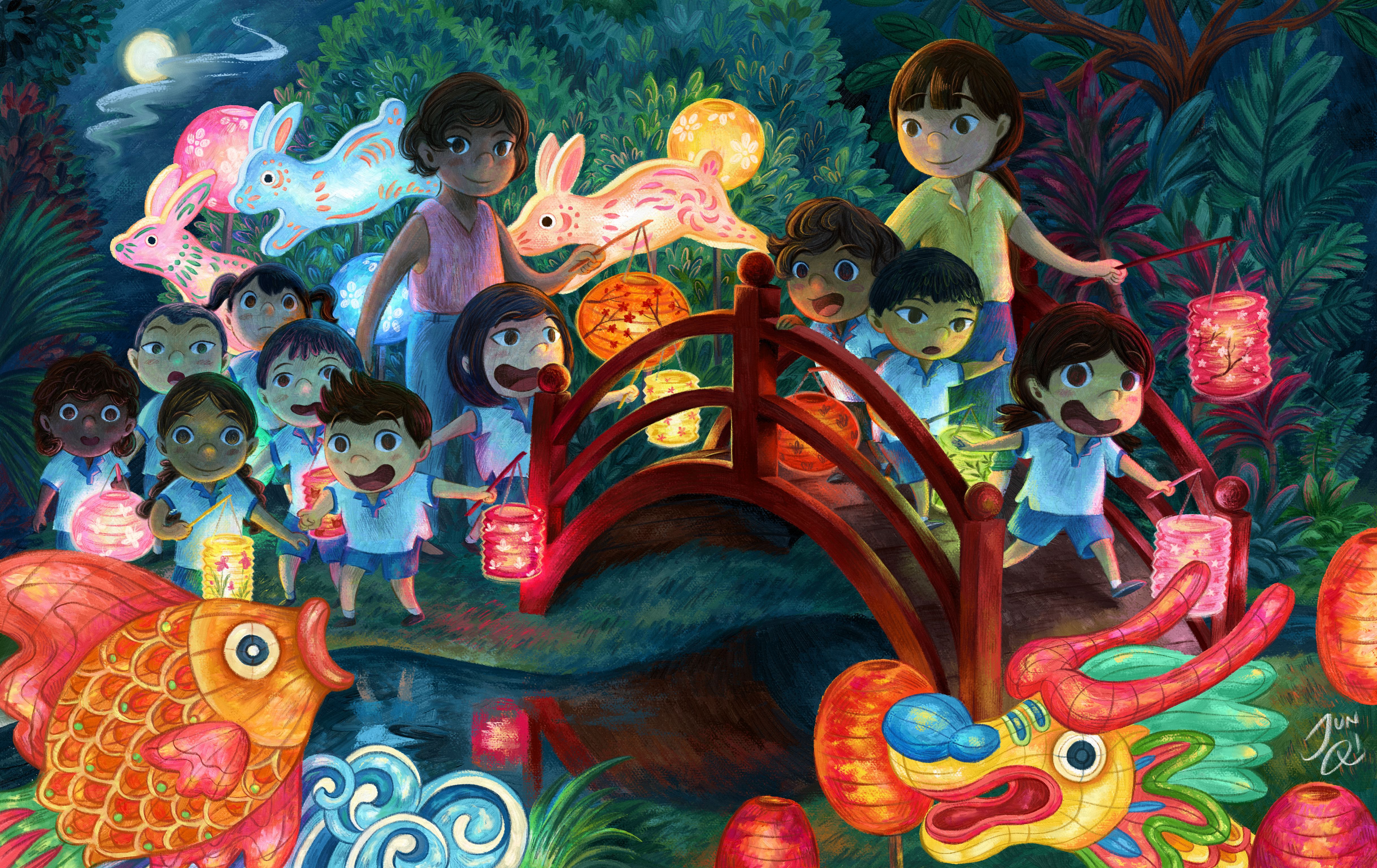 Illustration of a kindergarten field trip to a garden during the Midautumn Festival