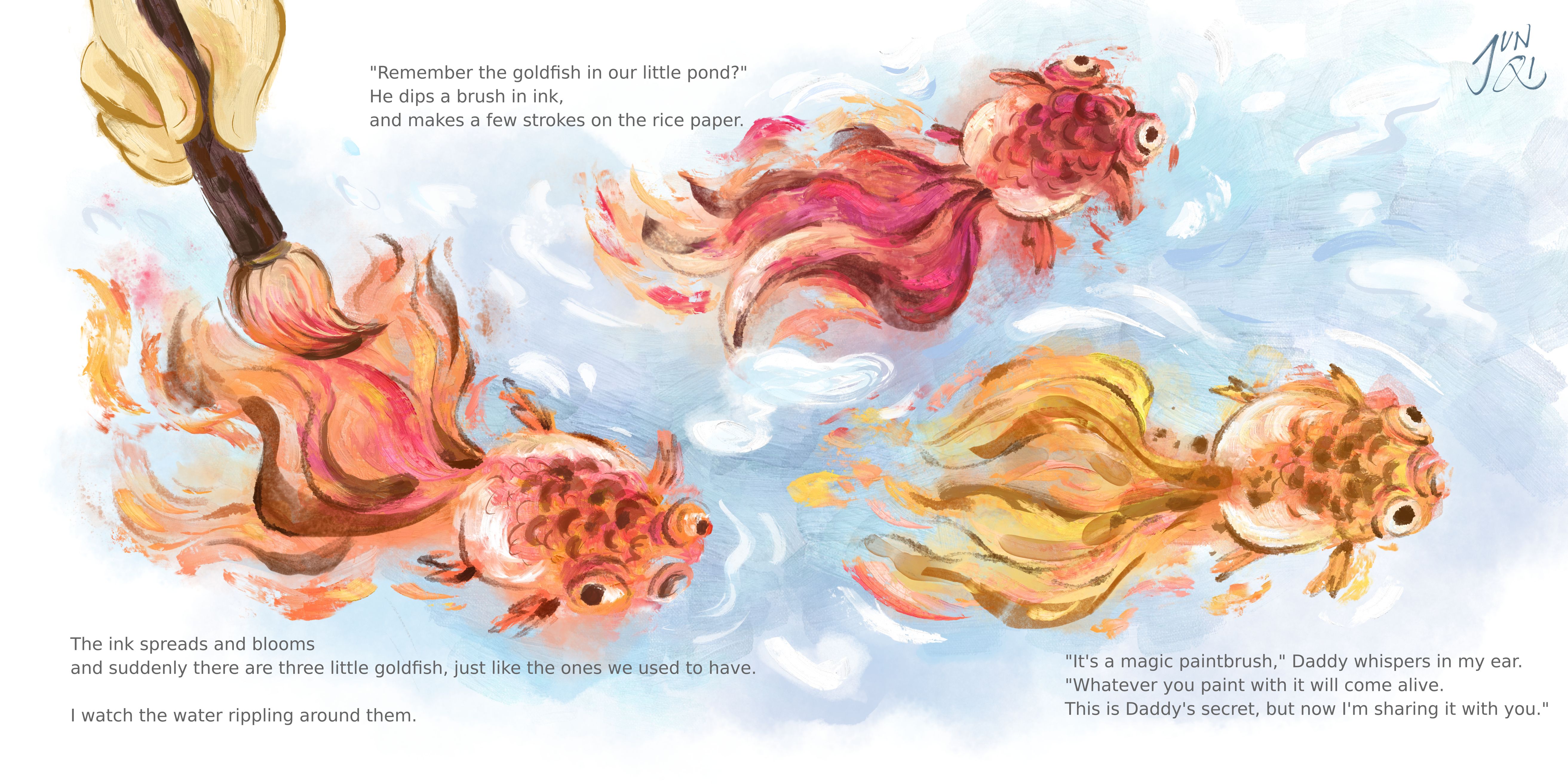 Picture book spread of goldfish being painted