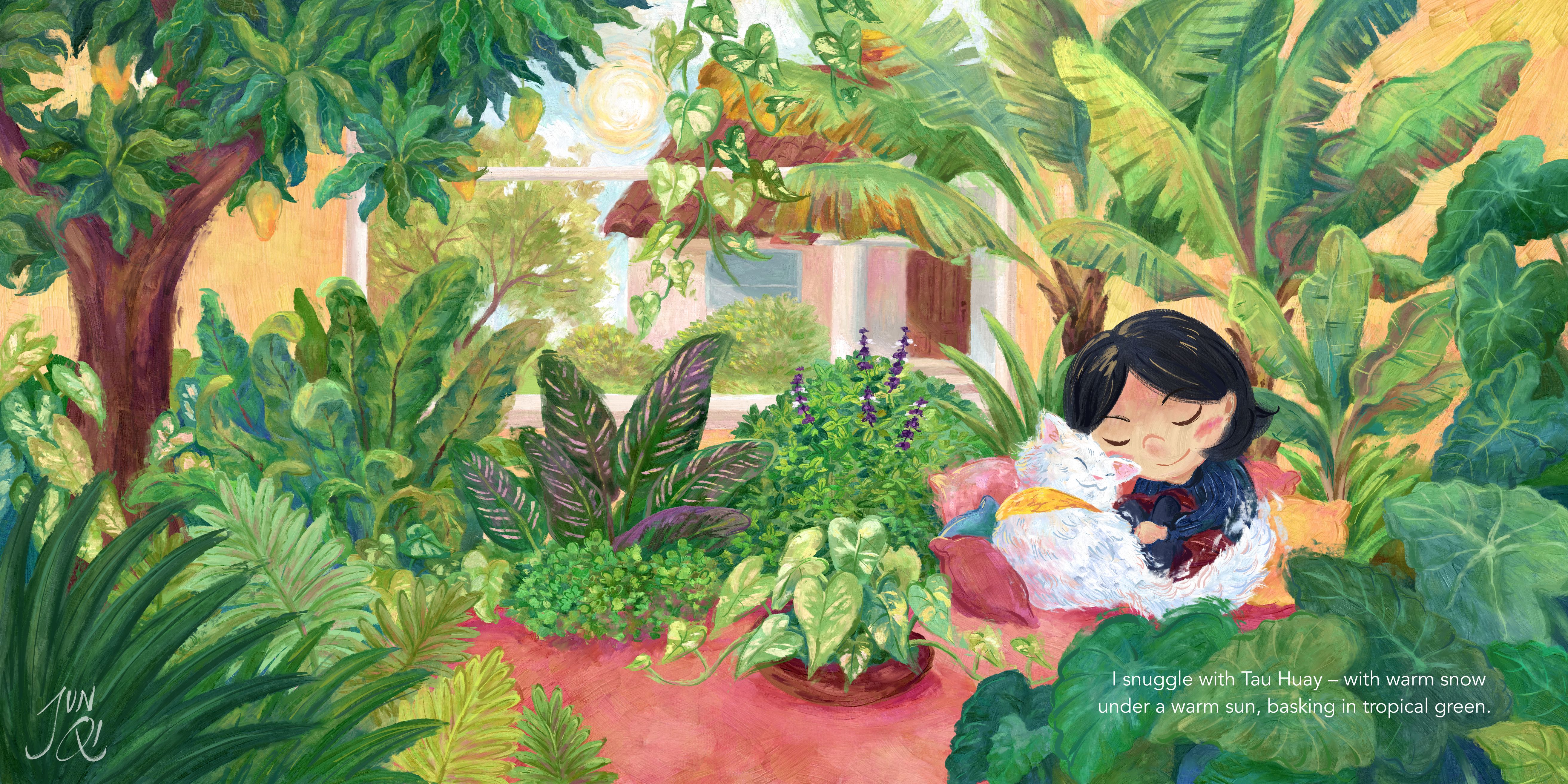 Picturebook spread showing girl snuggling with white cat amongst tropical plants in her room