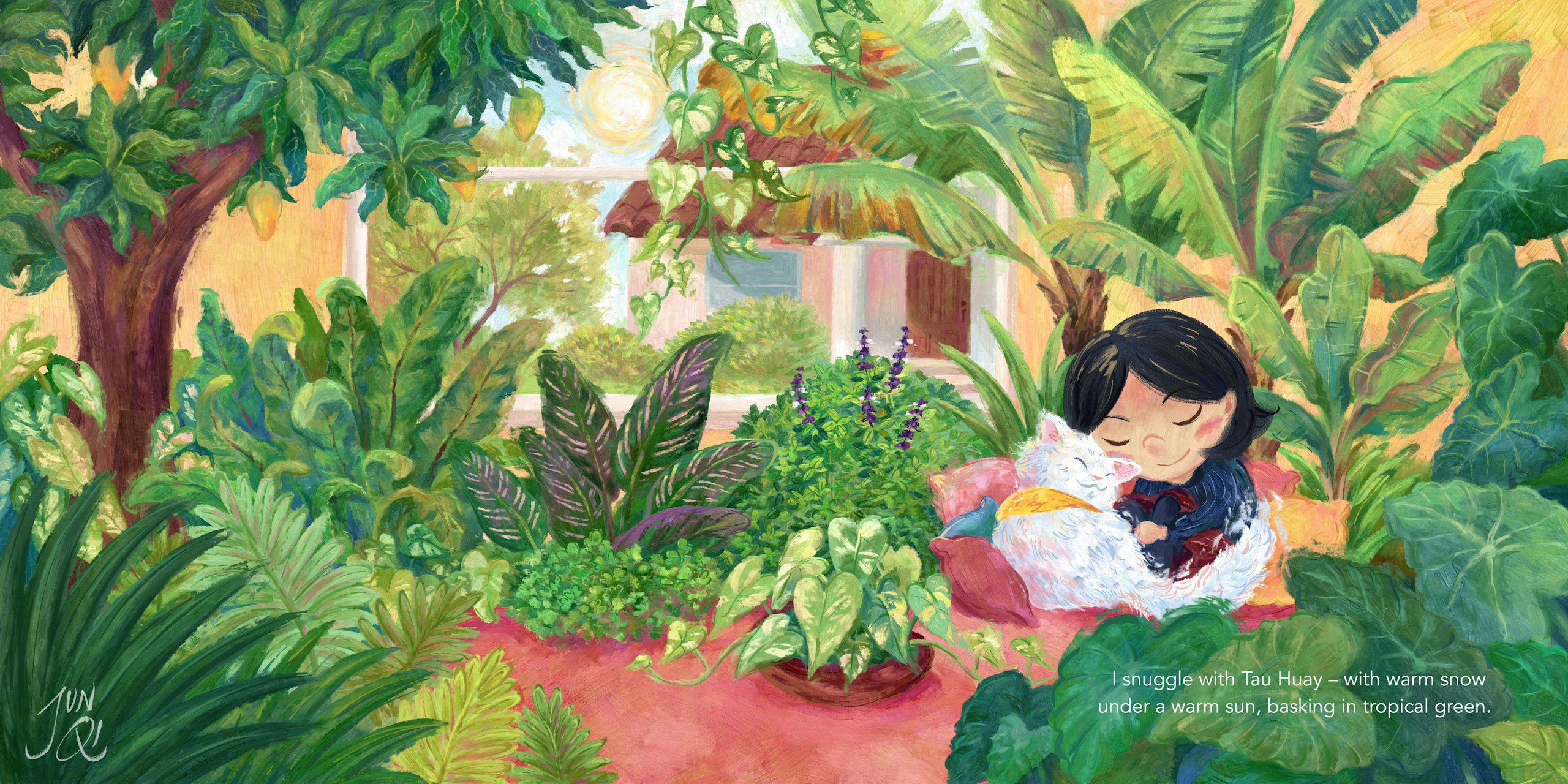 Picturebook spread showing girl snuggling with white cat amongst tropical plants in her room