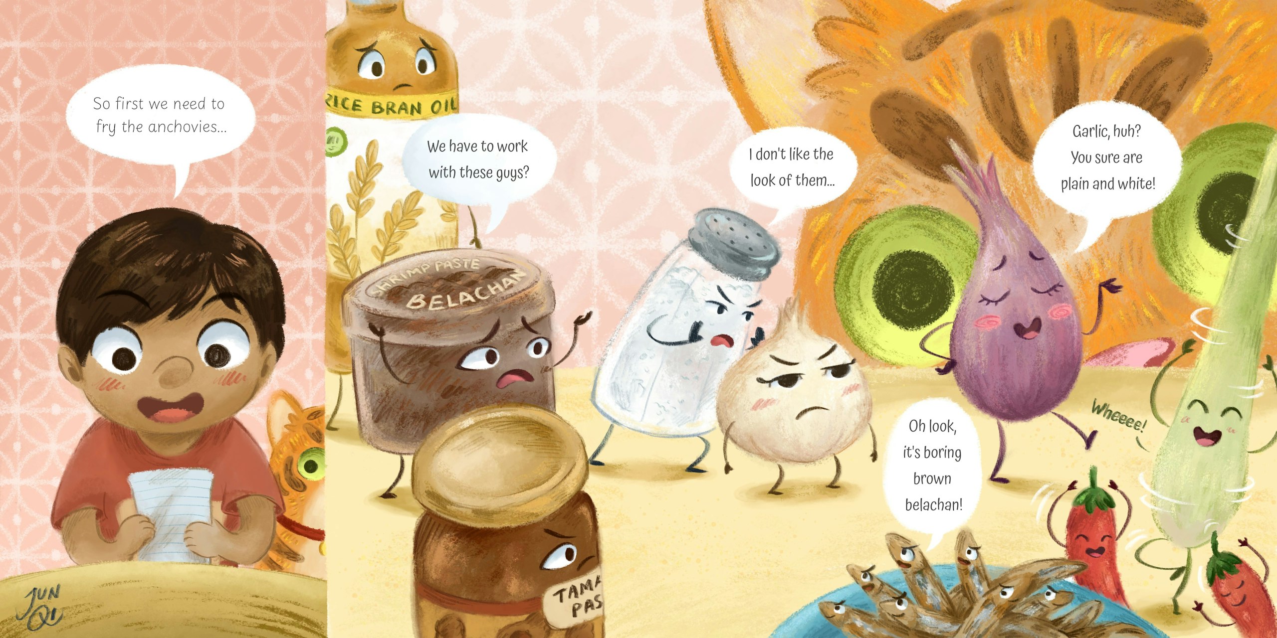 Picturebook spread of vegetables being suspicious of each other