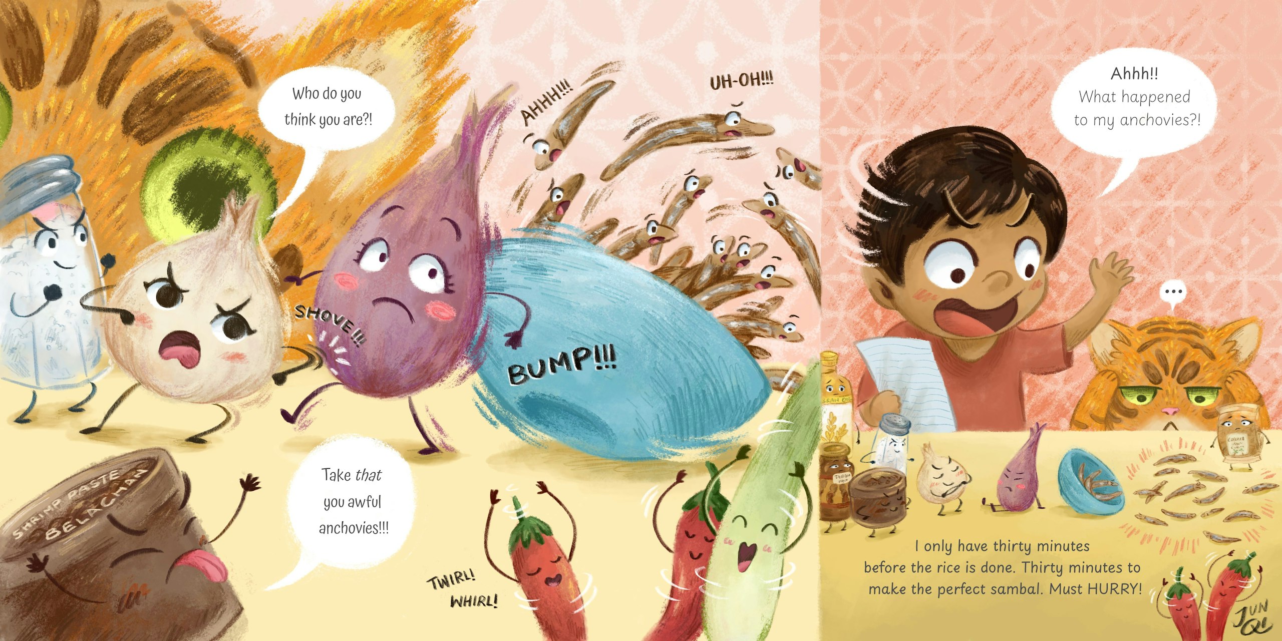 Picture book spread of bickering vegetables