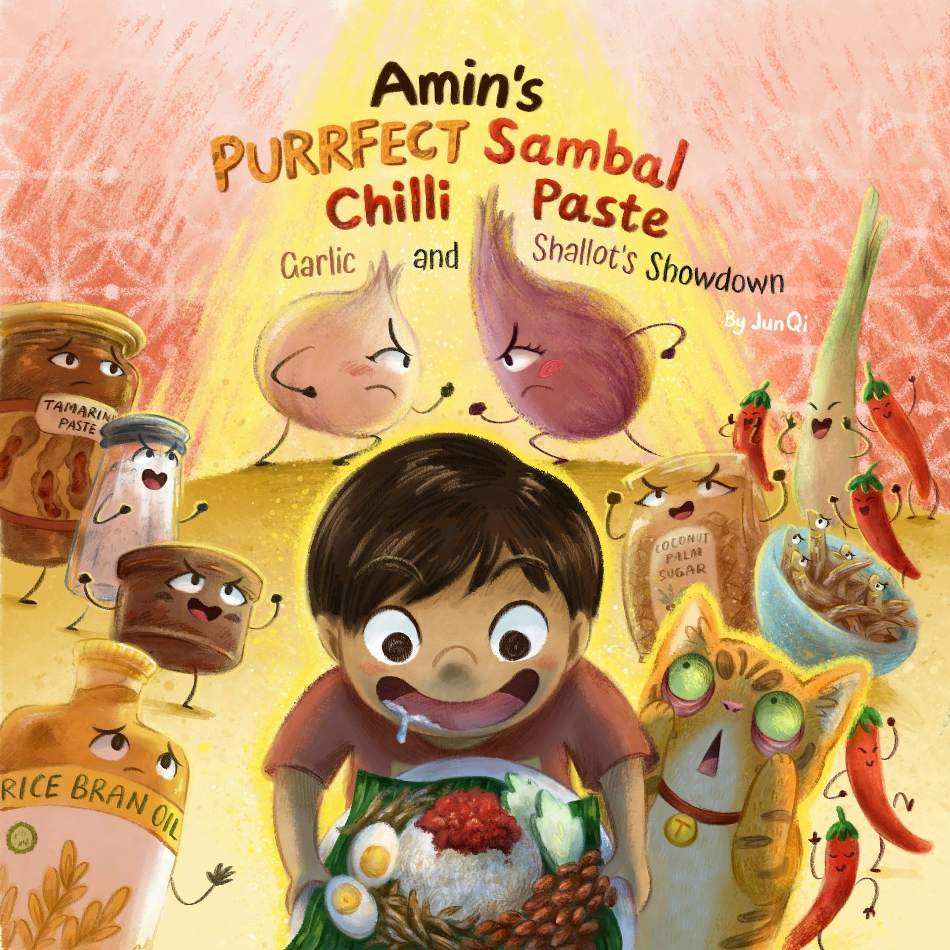 Book cover illustration of a boy holding a plate of nasi lemak and sambal ingredients cheering on a fight behind him, while his ginger cat freaks out.
