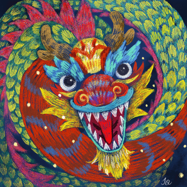 Animation of a Chinese dragon with flashing scales and sparkles