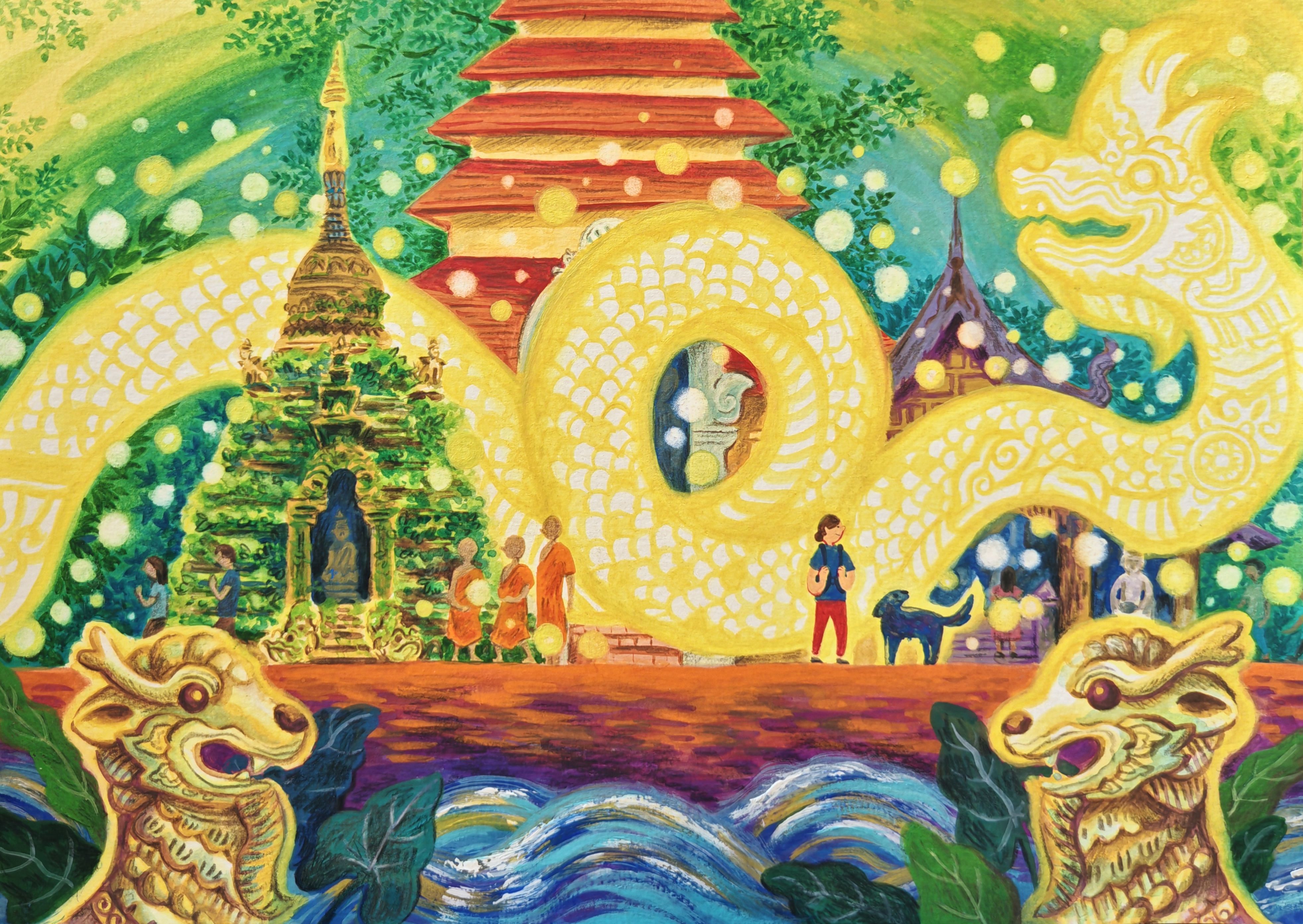 Illustration of a girl hiking up a forested trail with a black dog, following the tail of a naga with a Lanna banner billowing