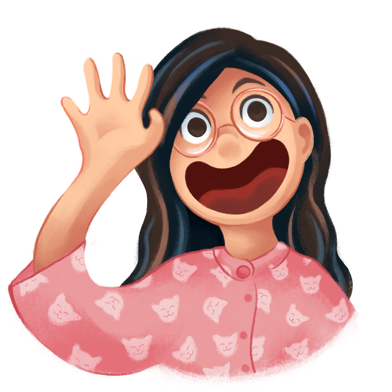 Caricature of the artist wearing a pink shirt with cats and waving cheerfully.